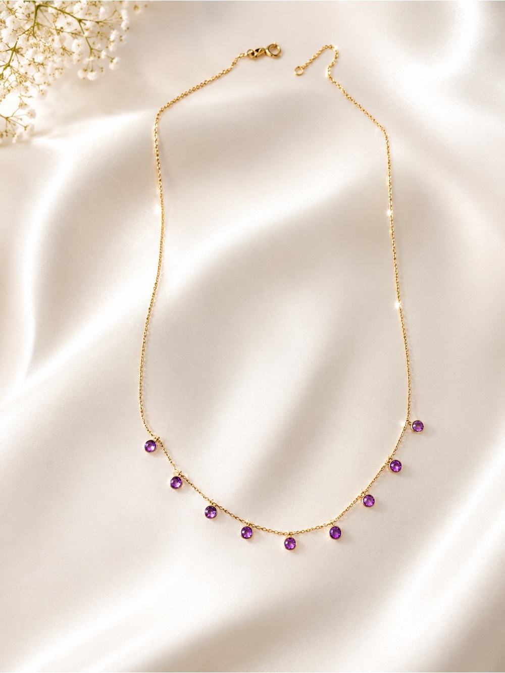 RCH 14k Gold Chain Necklace with Amethyst Gemstone Drops - Women's Jewelry
